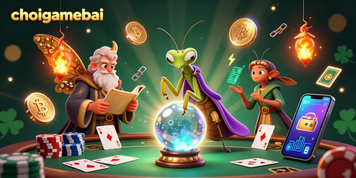 Engage with choigamebai's strategic poker scene featuring mystical characters and vibrant crypto elements.