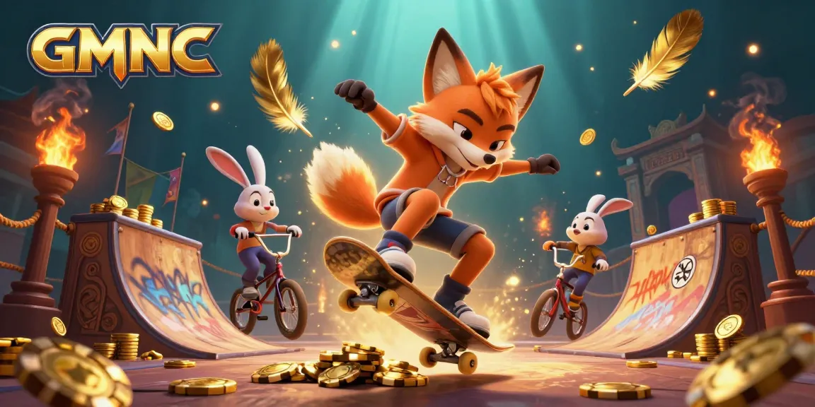 Experience GMNC's insightful gaming journey with a vibrant 3D cartoon scene full of casino elements.