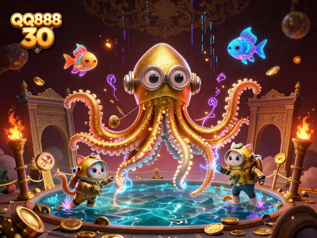 Engage with QQ888 30 in a vibrant, immersive casino atmosphere featuring a colossal kraken and bioluminescent fish.