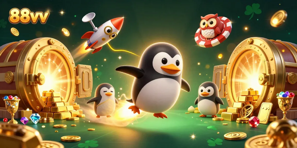 Experience the excitement of 88vv Casino with a vibrant space-themed illustration featuring a golden penguin and poker chip.