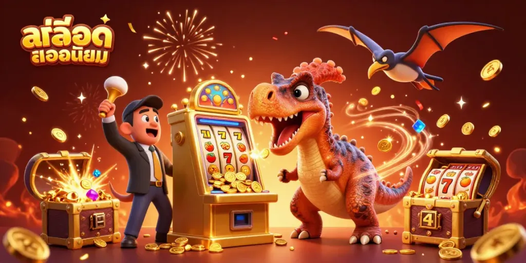 This vibrant scene showcases สล็อตยอดนิยม as a cartoon pachycephalosaurus wins jackpots, capturing casino excitement.