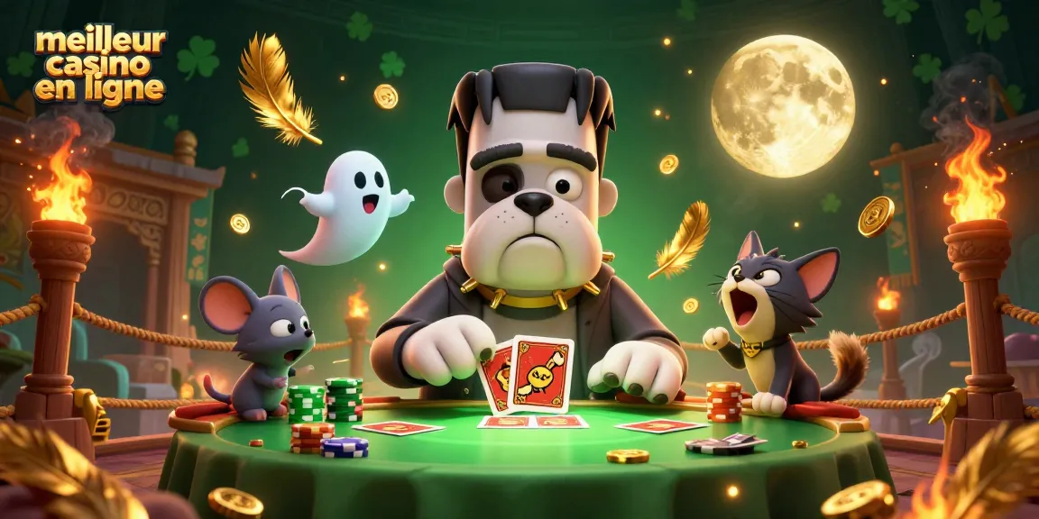 Jouez au meilleur casino en ligne avec un bulldog Frankenstein et des éléments de casino étoilés.