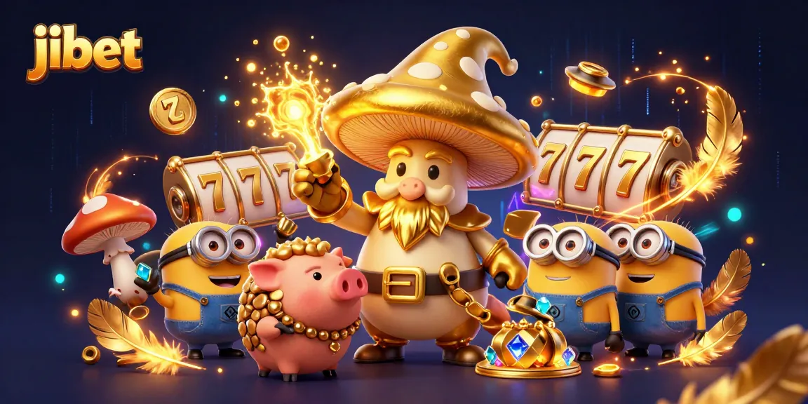 Spin the jackpot reels with jibet's golden mushroom wizard and minions in a magical casino scene.