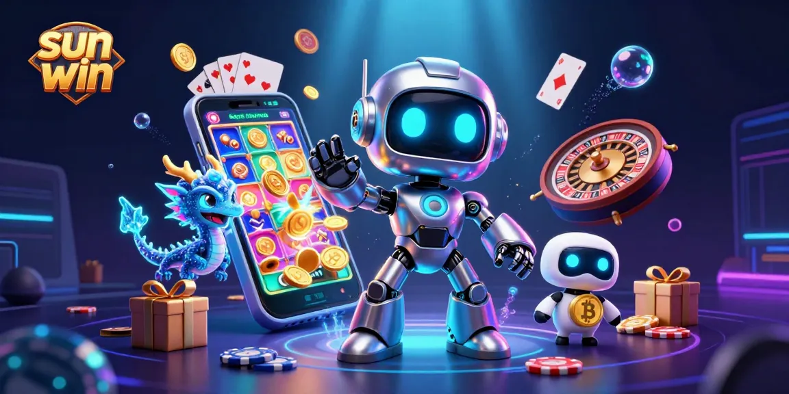 Experience the excitement of sun win at this vibrant online casino illustration featuring a cyberpunk mascot.