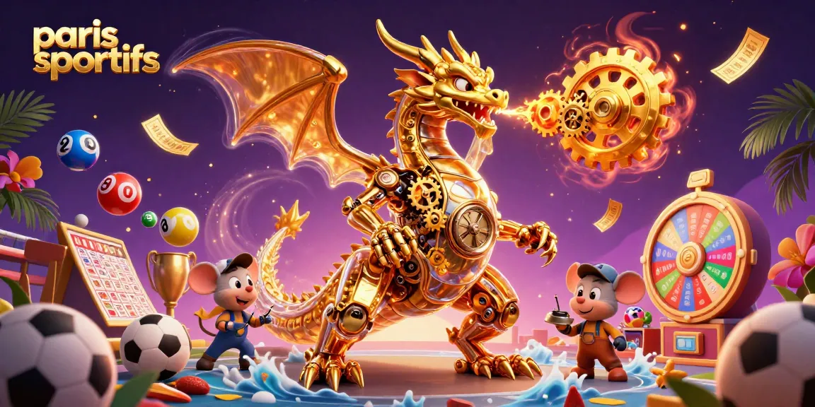 Les paris sportifs s’animent avec un dragon doré mécanique entouré d'éléments de jeu vibrants et dynamiques