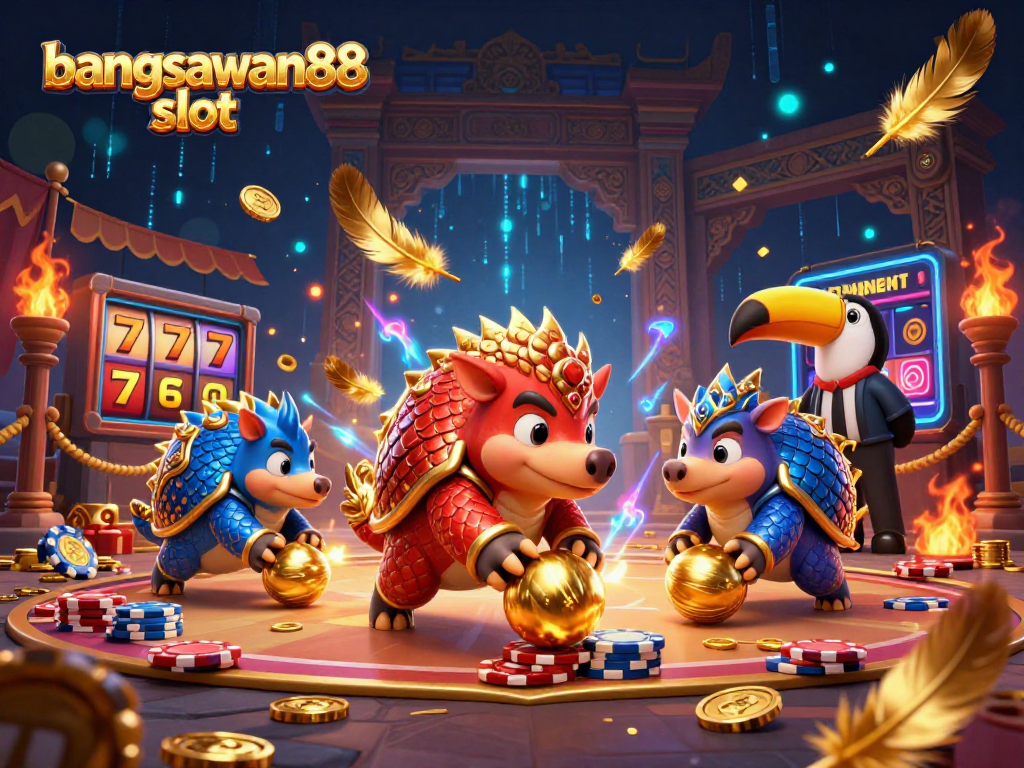 Spin the reels in the vibrant bangsawan88 slot with playful pangolins in a casino arena.