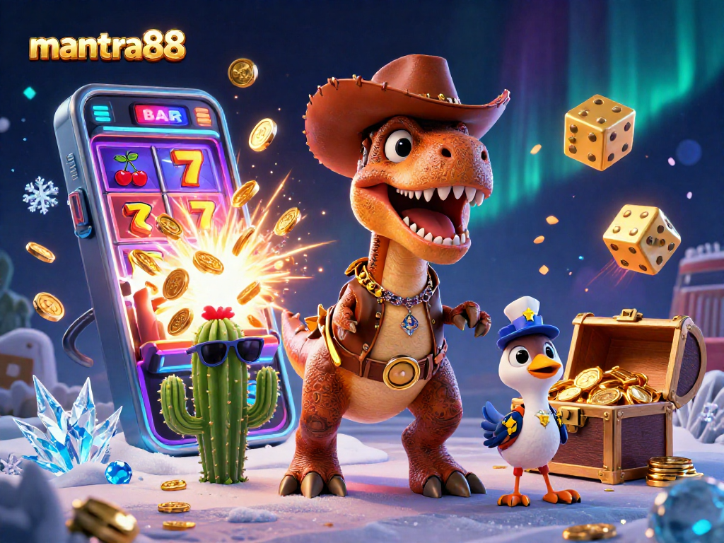 Engage with thrilling slots at mantra88, featuring a stunning T-Rex dinosaur jackpot scene with vibrant visuals.
