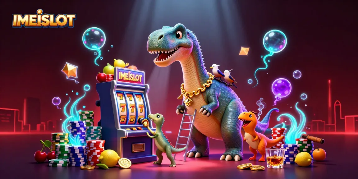 Spin the reels with IMEISLOT as the brontosaurus towers over colorful slot elements and dynamic casino action