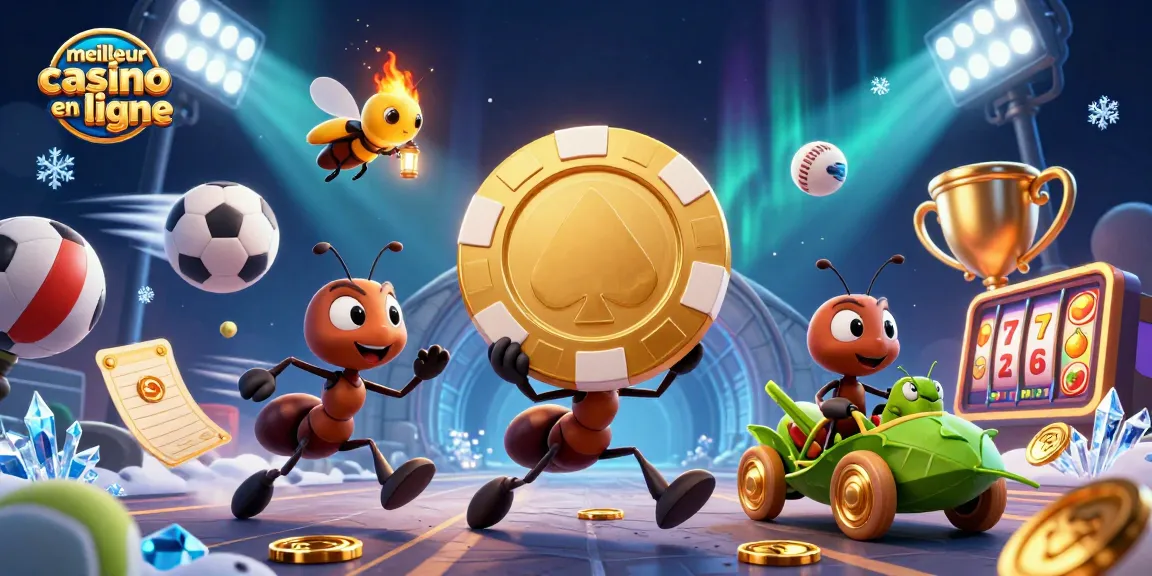 Illustration dynamique d'un meilleur casino en ligne avec des fourmis, une luciole et une sauterelle.