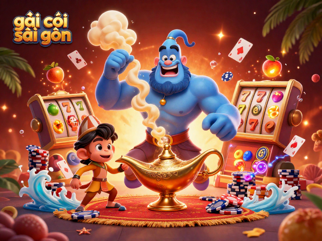 Engage in lively gaming action with gái gọi sài gòn featuring a genie, monkey, and poker chips.