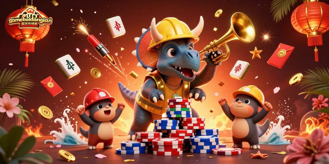 Experience excitement with gamebaidangian as triceratops builds poker chip pyramid amidst celebration.