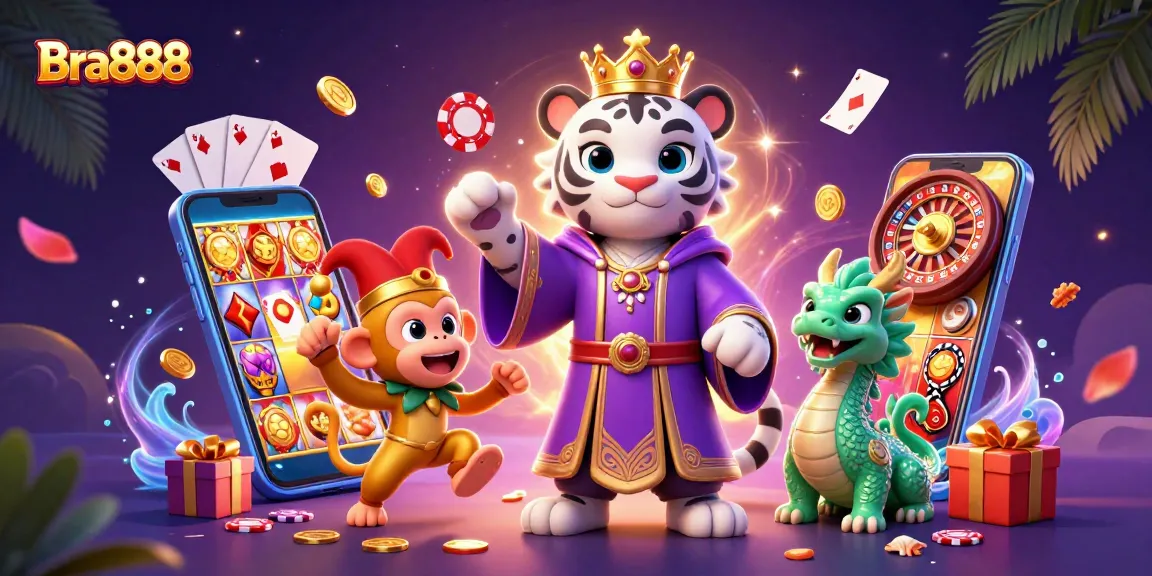 Bid for riches at Bra888 with a lively scene of a tiger and monkey among dazzling gambling elements.