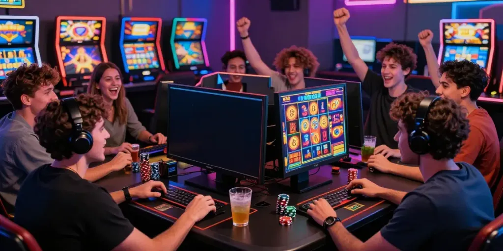 Online gaming friends celebrating a jackpot on สล็อตเว็บตรง with vibrant graphics.
