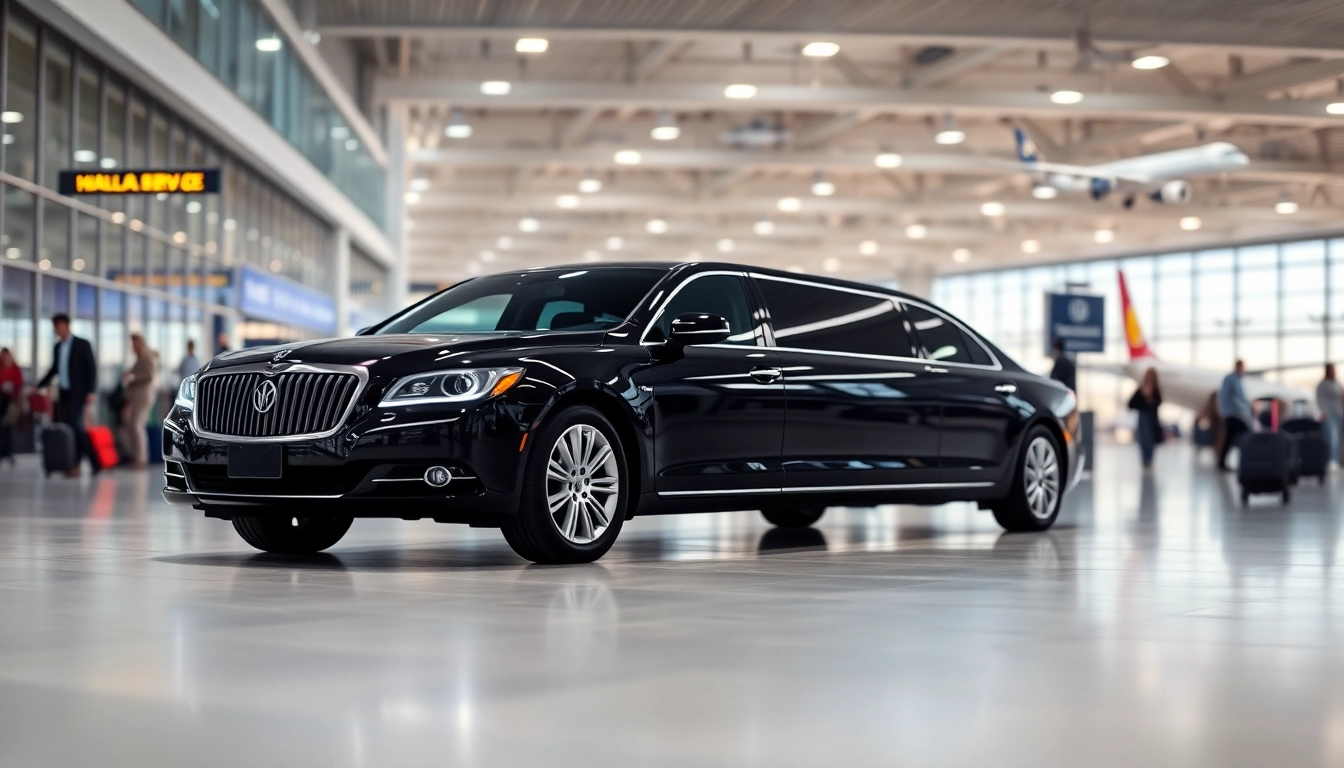 Experience premier airport limo service with a luxurious black limousine at a busy airport terminal.