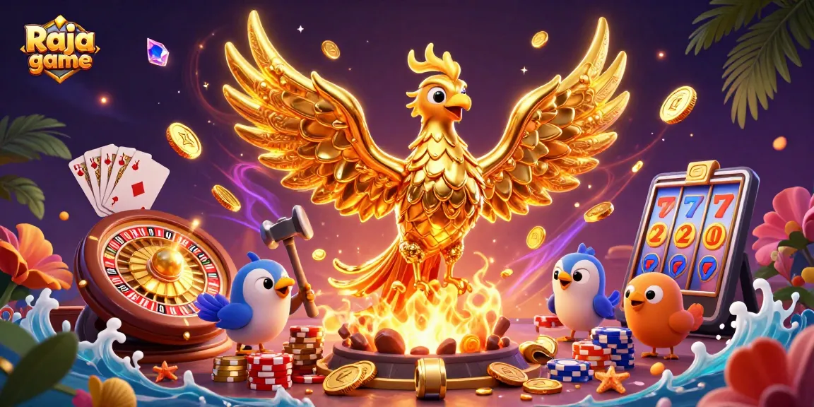 Experience thrilling wins with Raja game in a vibrant 3D casino scene featuring golden rewards and lively gaming elements.