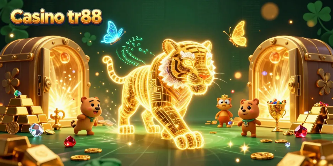 Experience the excitement of Casino tr88 with a vibrant 3D scene featuring a golden tiger amidst treasures.