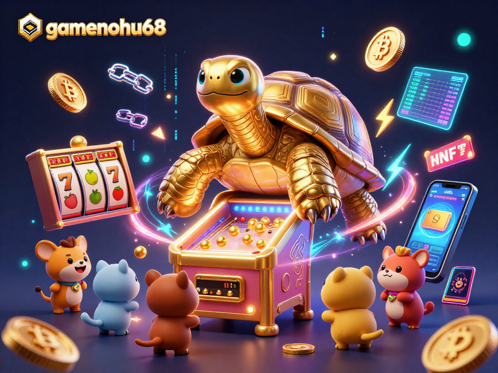 Engage with gamenohu68's unique slot experience featuring a giant tortoise pinball machine and vibrant crypto elements.
