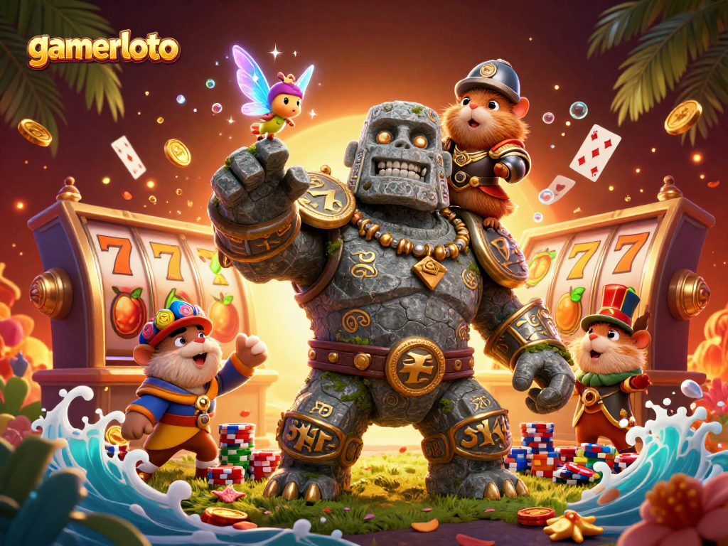 Experience gaming excitement with gamerloto's vibrant 3D casino illustration including slot reels and imaginative characters.