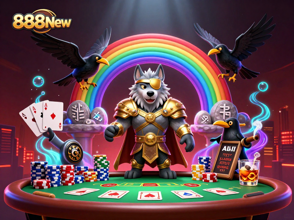 Win big with 888New at a vibrant casino scene featuring Odin and raven companions.