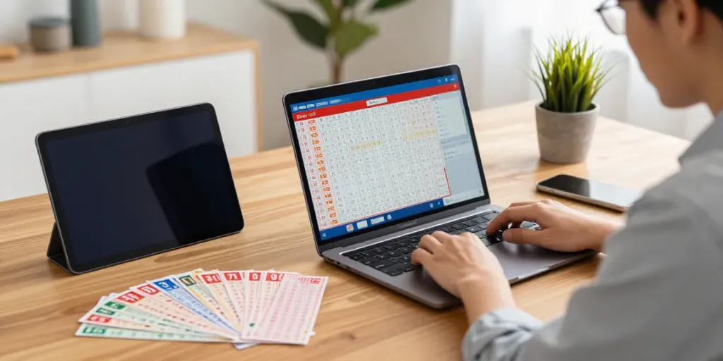 User analyzing togel online strategy with colorful lottery tickets and smartphone in a modern setting.