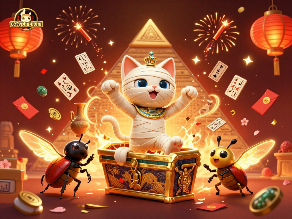 Join the excitement of cotyphu-nohu with animated mummy cat and festive casino elements.