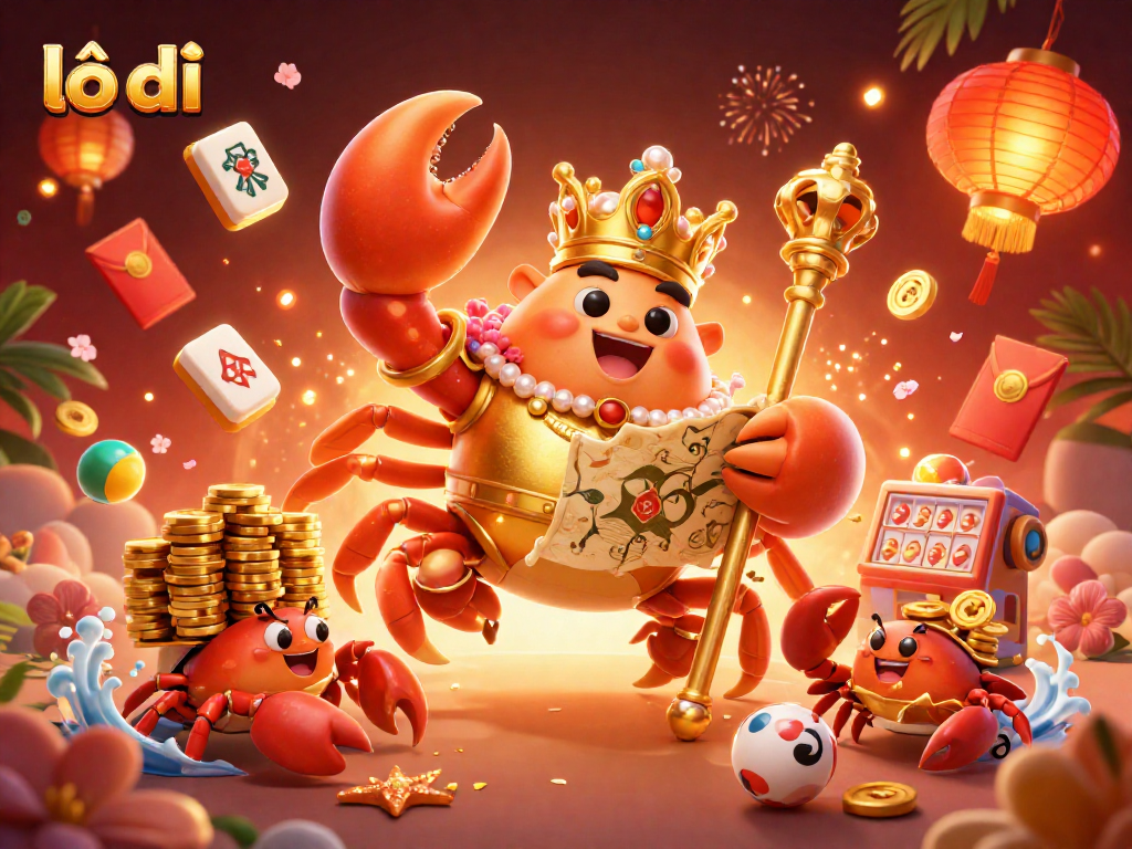 Experience lô đề excitement with a massive golden crab emperor surrounded by fortune symbols and vibrant casino elements.