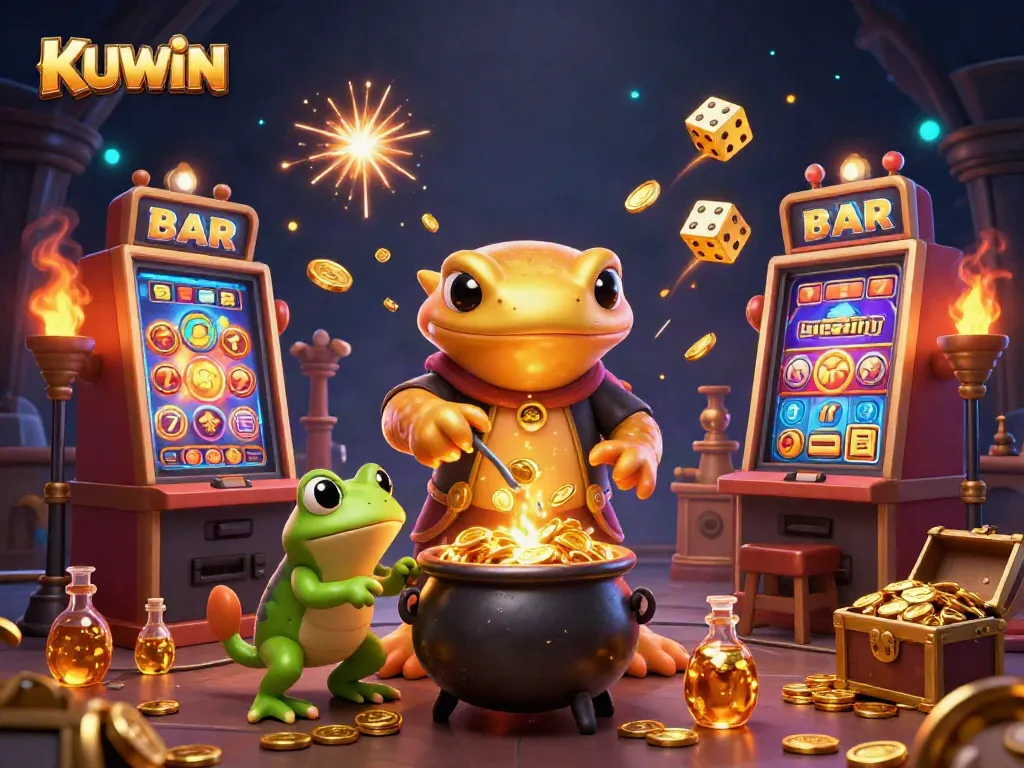 KUWIN awakens fortune with a golden salamander alchemist transforming elements into rich casino rewards.