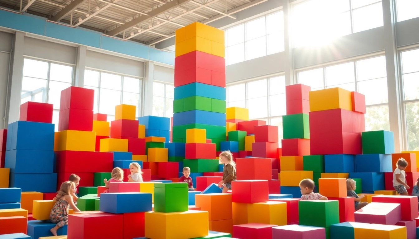 Get the details on giant building blocks in a vibrant play area filled with children.