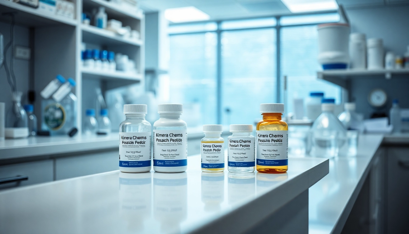 Showcase of Kimera Chems products in a professional laboratory setting, emphasizing research peptides.