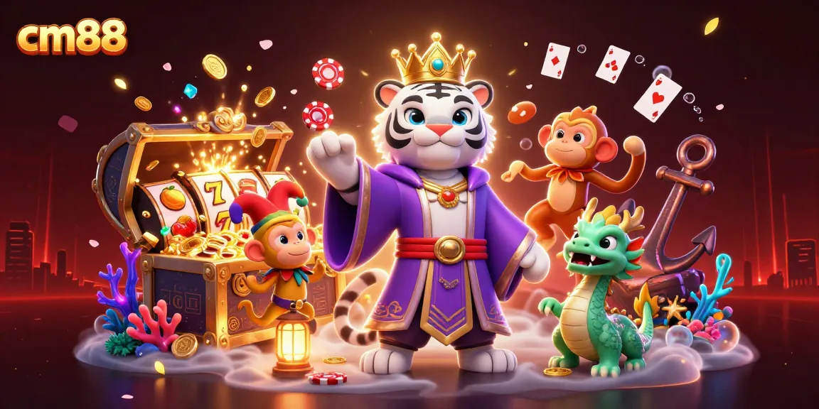 Engage in epic gaming at cm88 with a playful scene featuring a tiger, monkey, and exciting slot reels