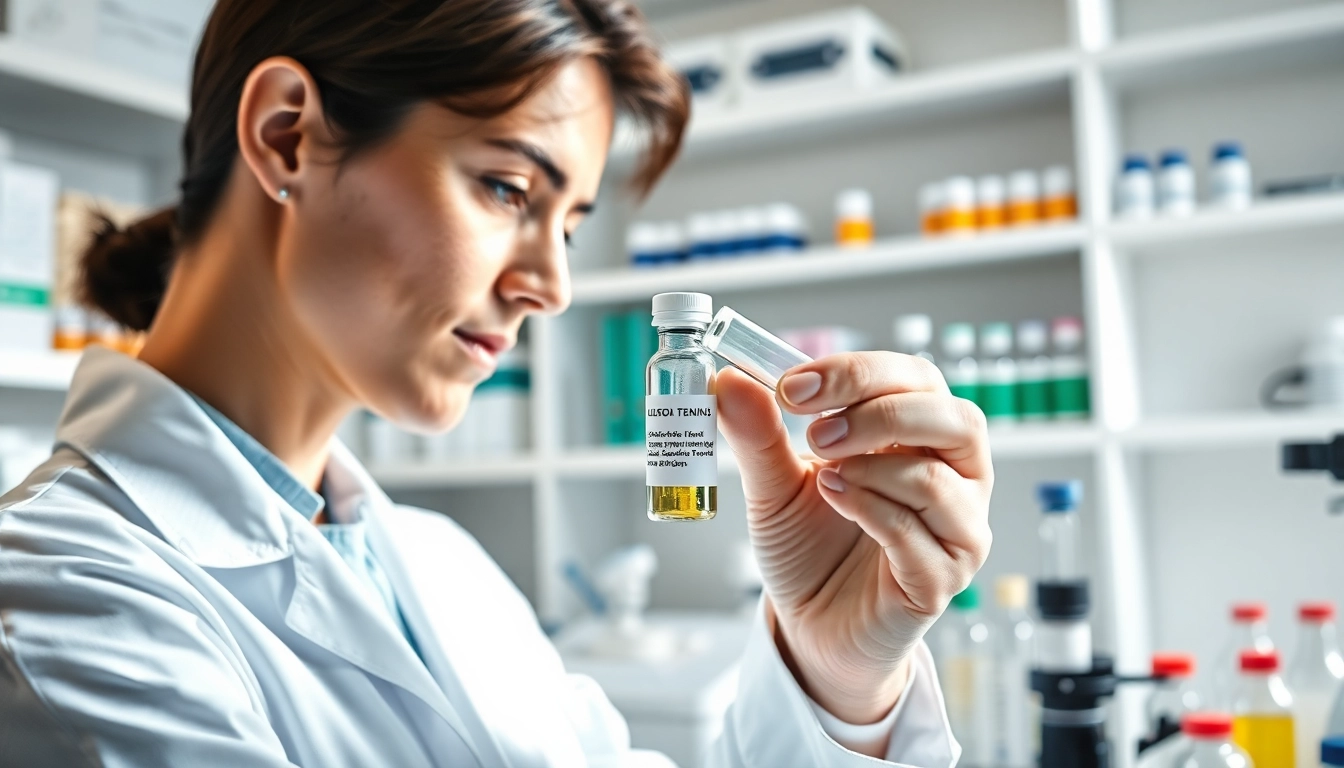 Researcher analyzing glutathione peptide in a professional lab environment.