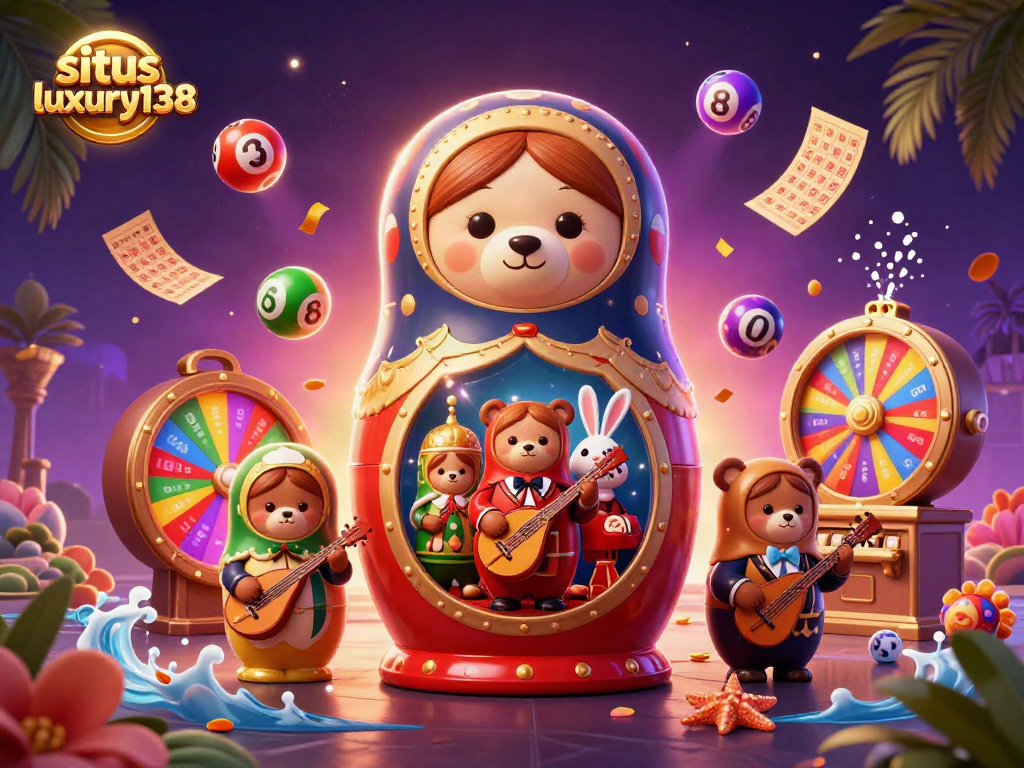 Situs luxury138 menghadirkan suasana kasino dengan beruang Matryoshka yang menampilkan dealer dan elemen menarik di sekelilingnya.