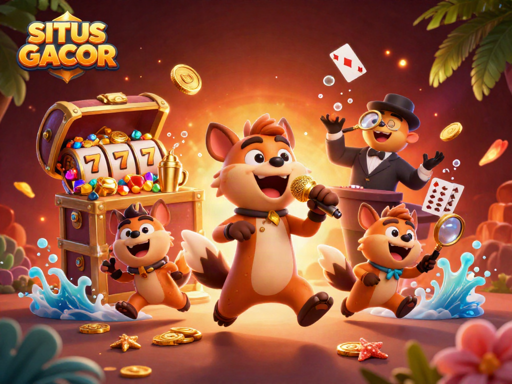 SITUS GACOR showcases hyenas in a dynamic casino scene with slot reels, gold coins, and lively entertaining elements.