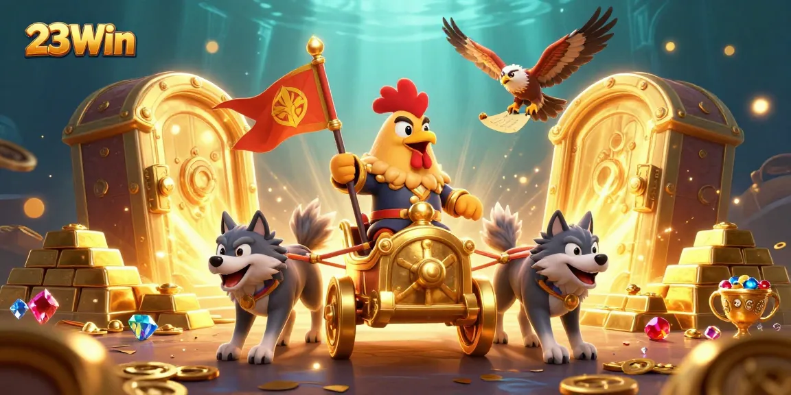 Experience the excitement of 23Win through this vibrant illustration of a casino scene featuring gold treasures and engaging characters.
