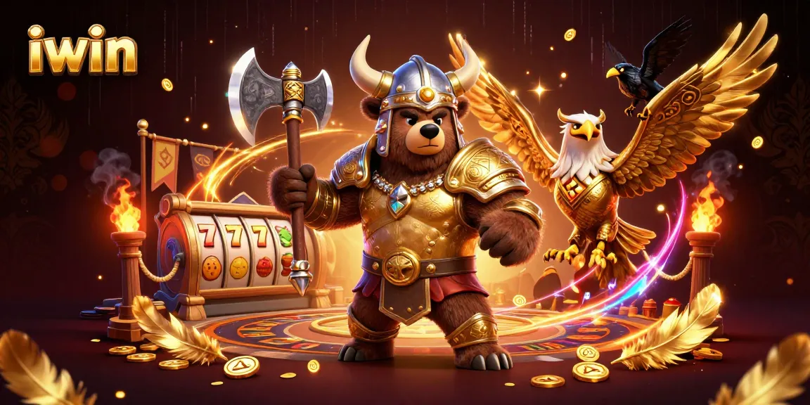 Engage with iwin's exciting slot games through a dynamic Viking-themed illustration.