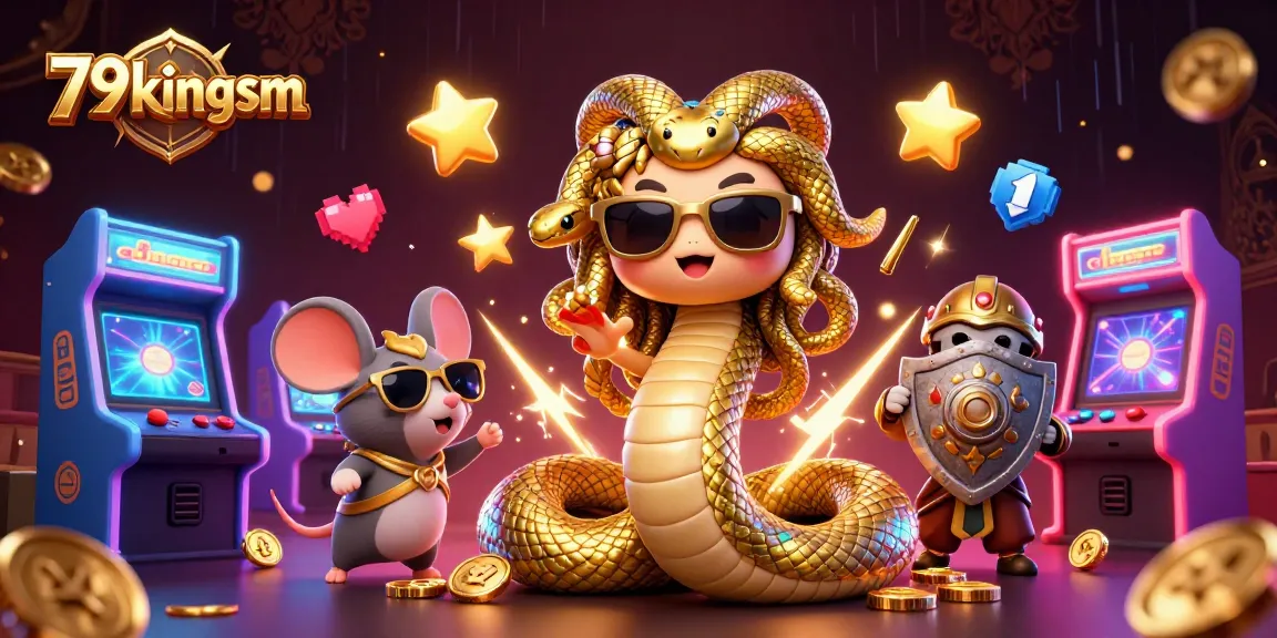 Win exciting rewards at 79kingsm with game machines and playful characters in a rich casino scene.
