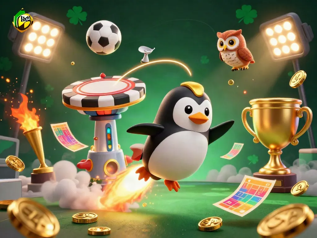 Experience 8kbet with our exciting casino-themed illustration featuring a golden penguin and dynamic sports elements.
