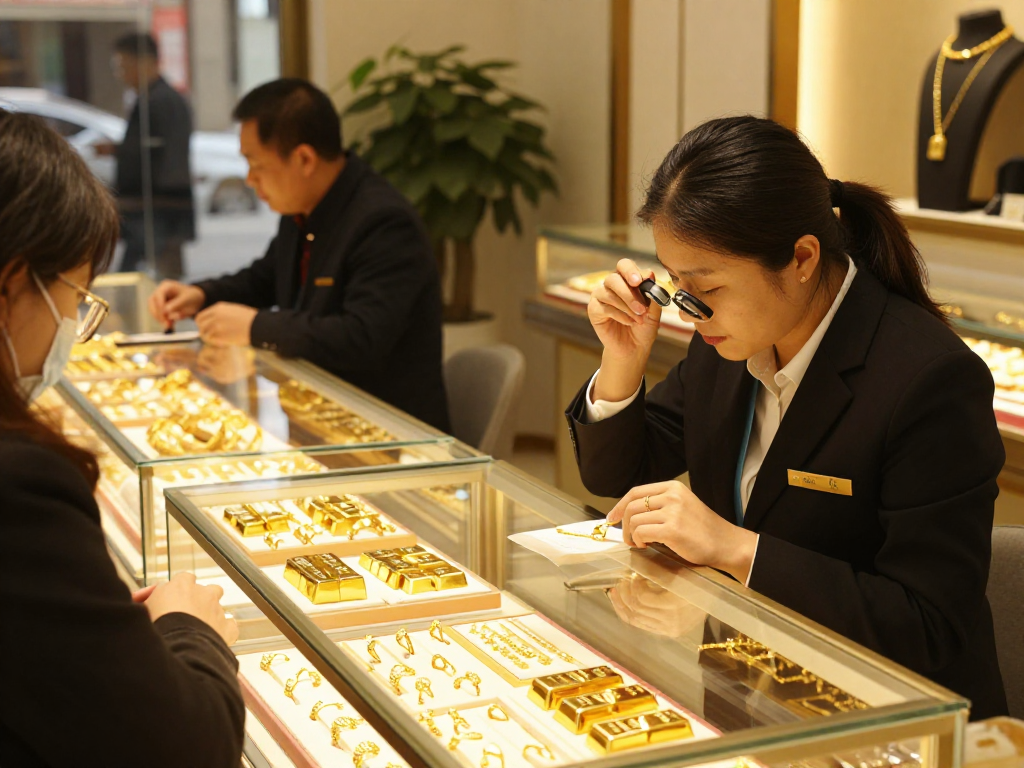 Showcasing mantra88 jewelry in a luxurious gold store, featuring 24K and 22K pieces under warm afternoon light.