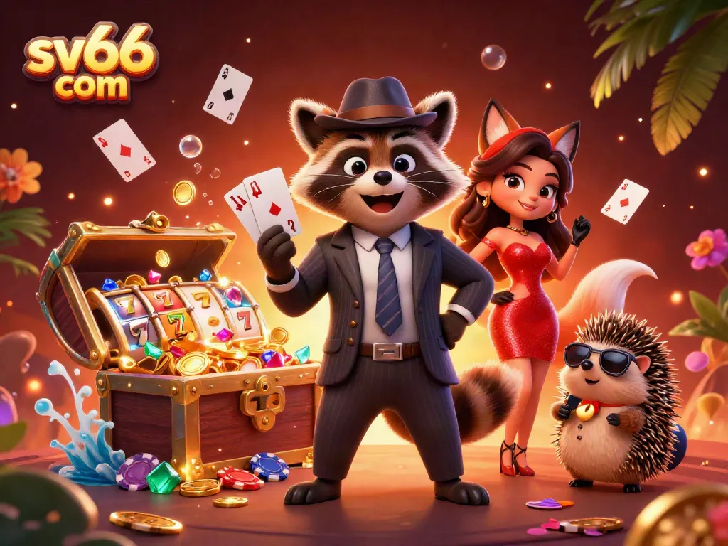 Experience the excitement of sv66 com with a raccoon, fox, and hedgehog in a vibrant casino scene.