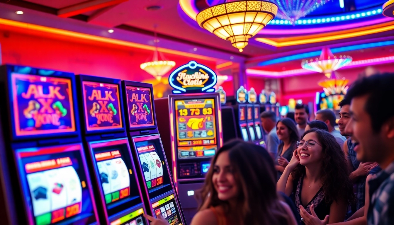 Engaged players enjoying the thrill of slot gambling at colorful slot machines in a vibrant casino.