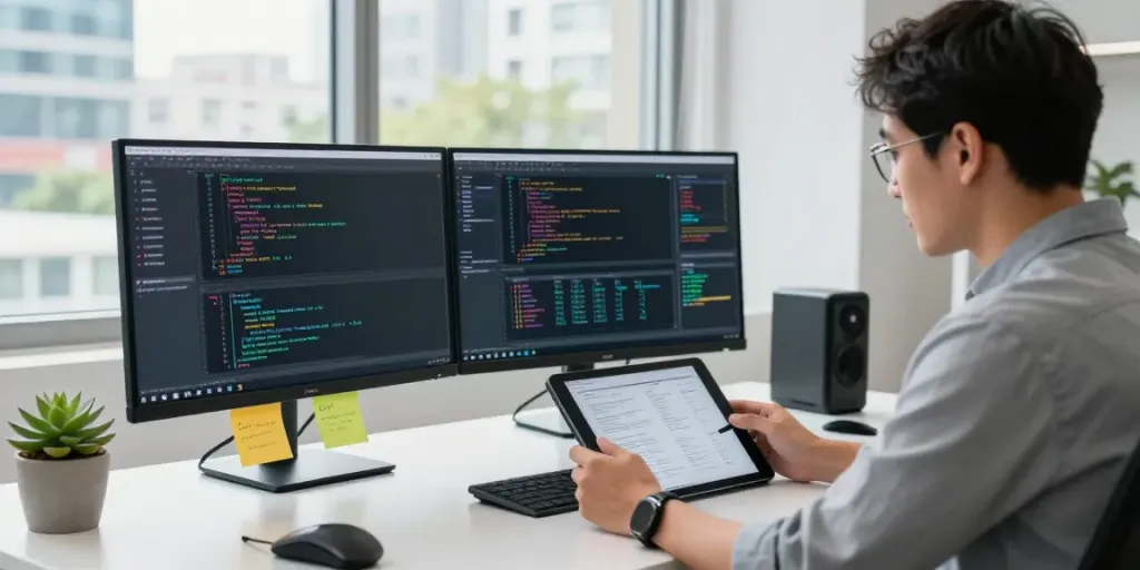 Engineers collaborating on GPU computing algorithms at a modern workspace.