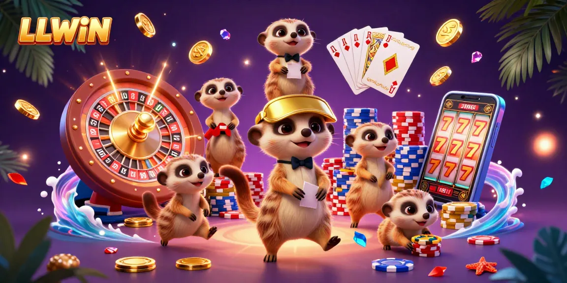 Experience thrilling online gaming at LLWIN's vibrant 3D casino illustration featuring lively meerkats and dynamic elements.