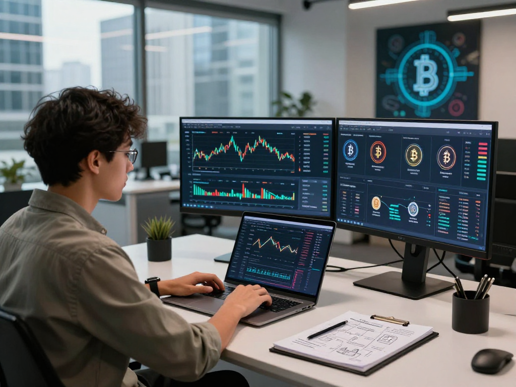 Kyber-swap trading environment with user analyzing cryptocurrency rates on multiple screens in a modern office.
