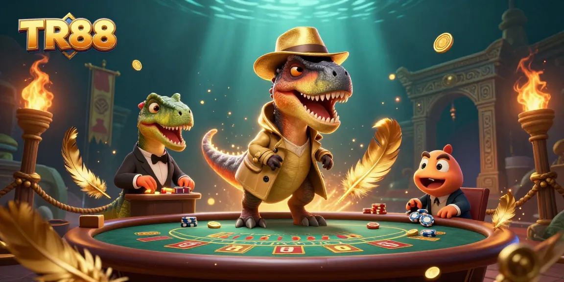 TR88 velociraptor card counter sneaks chips at a dynamic blackjack scene with rich 3D elements.