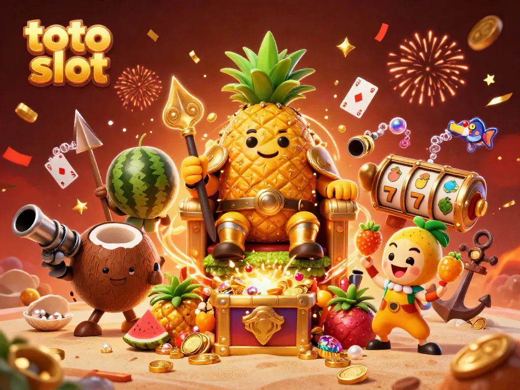 Slot toto slot dengan raja nanas emas dan elemen kasino lainnya di pantai.