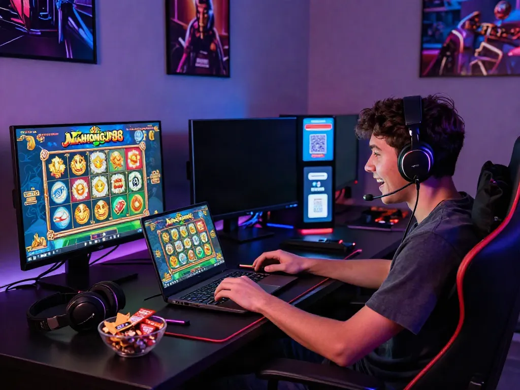 Player enjoying Slot MAHJONGJP88 in an immersive gaming setup with vibrant colors and gaming accessories.