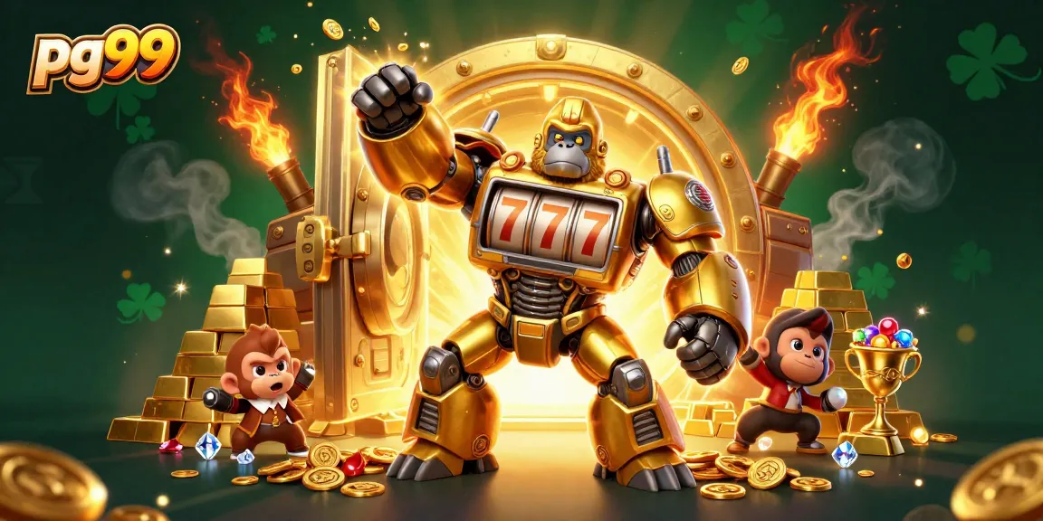 Experience thrilling gameplay at pg99 with a golden gorilla mech and treasure as symbols of jackpot success.