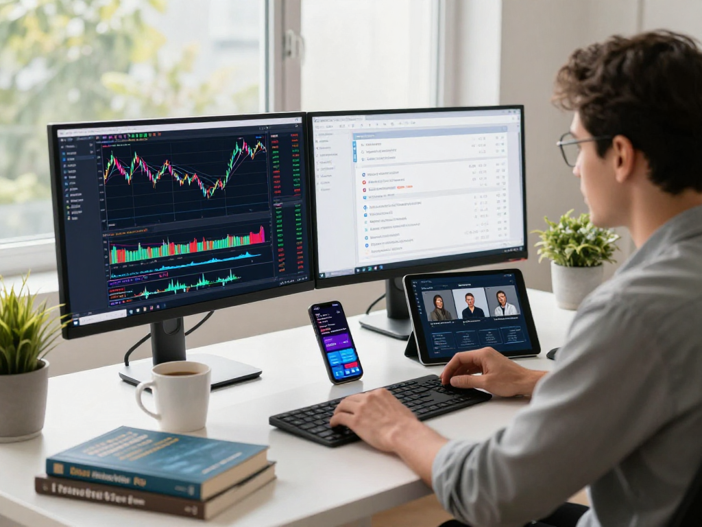 Trader analyzing charts and alerts on TradingView in a stylish home office.