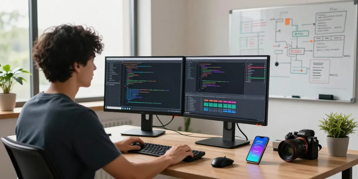 Dynamic tech workspace at https://www.bdtjl.app/ featuring programmer coding with dual monitors and brainstorming setup.