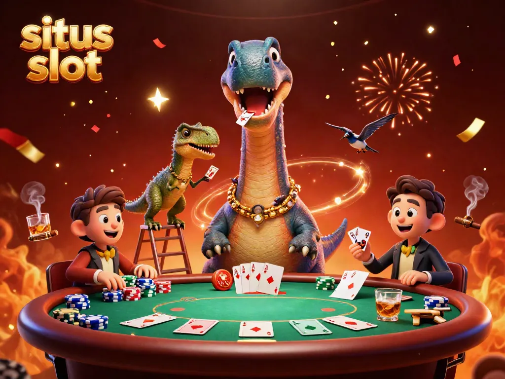 Ilustrasi 3D situs slot dengan dinosaurus menjulang dan permainan poker mengesankan.